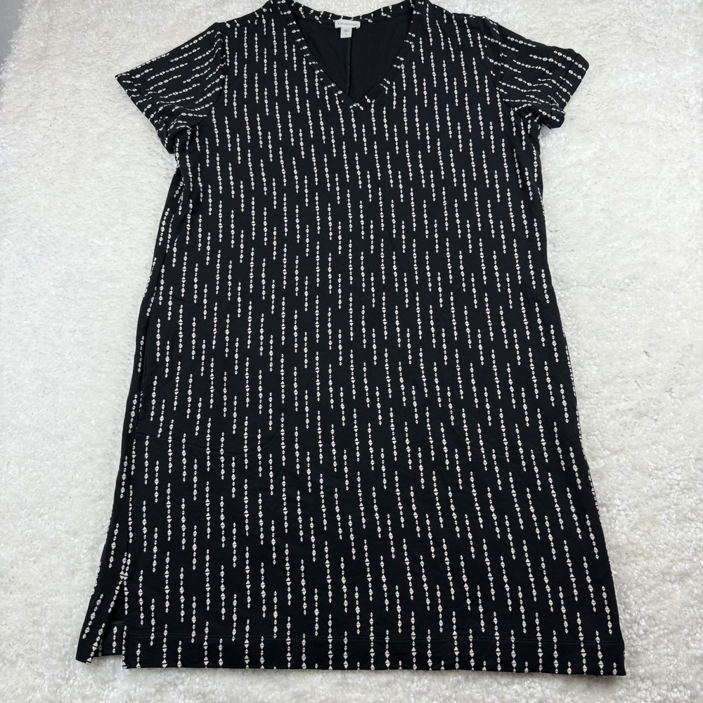 Garnet Hill Dress Womens L Black White Geometric Stripe Tencel V-Neck Pockets